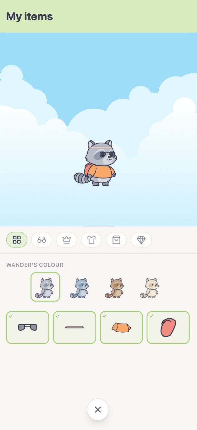 Customization screen: Wander wearing cosmetics