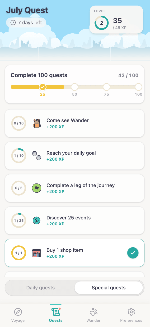 The new v1.1 quests screen with XP and levels