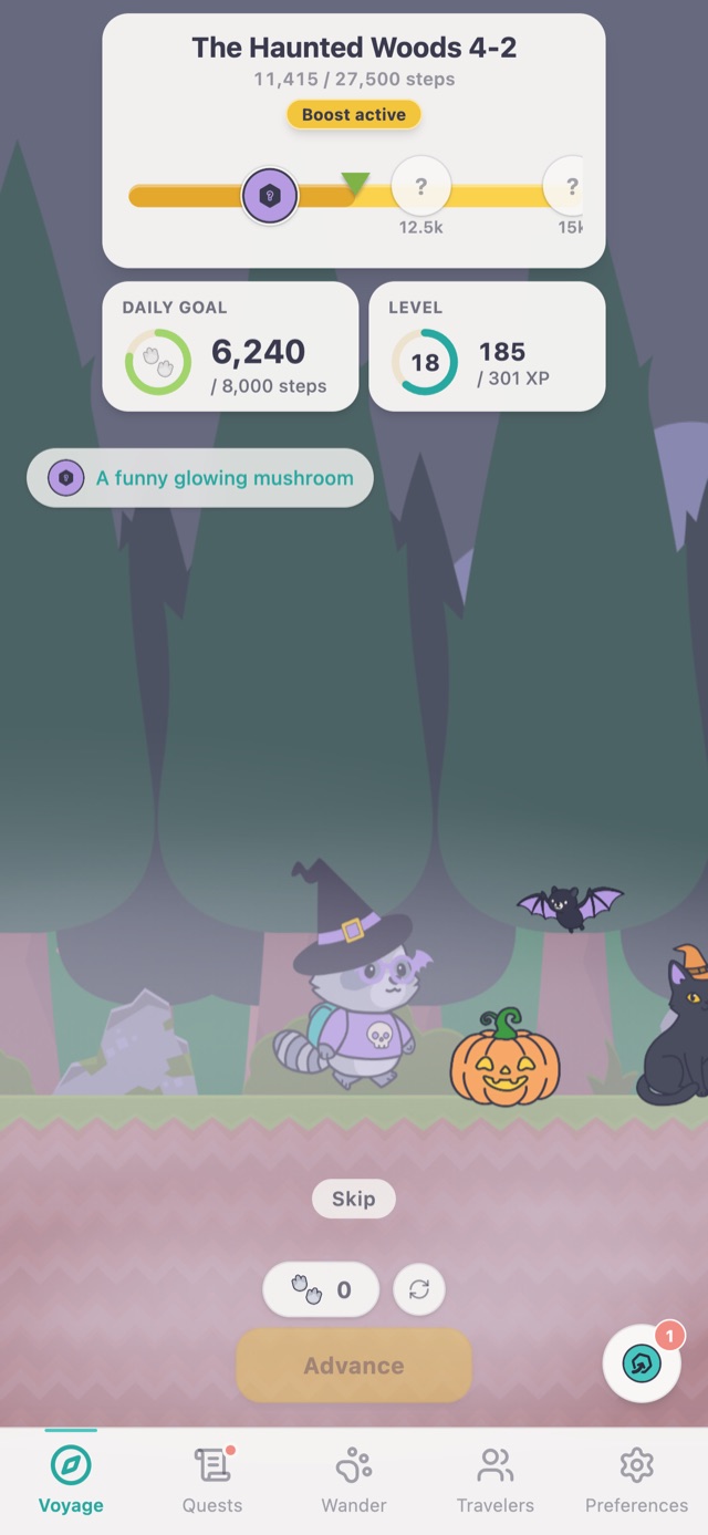 Wander in a witch hat walking through the Haunted Woods at night, with a bat and a black cat