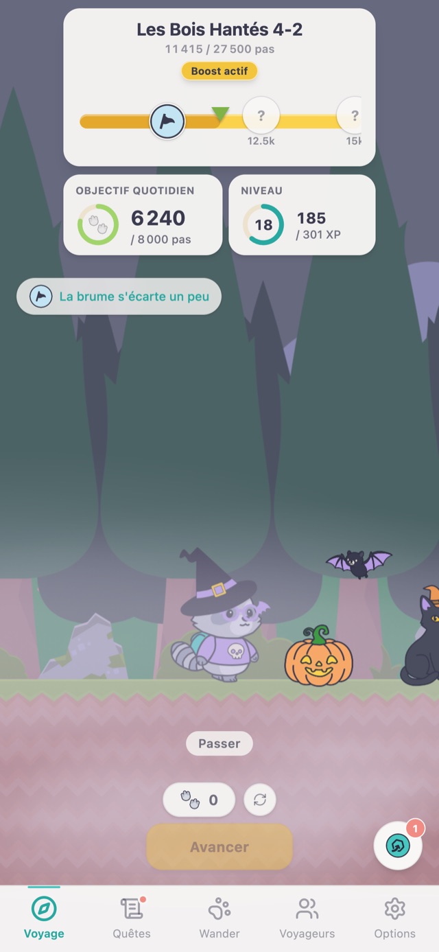 Wander en chapeau de sorcière dans les Bois Hantés la nuit, avec une chauve-souris et un chat noir