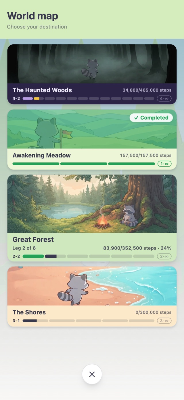 The redesigned World map with four World tiles, including the Haunted Woods